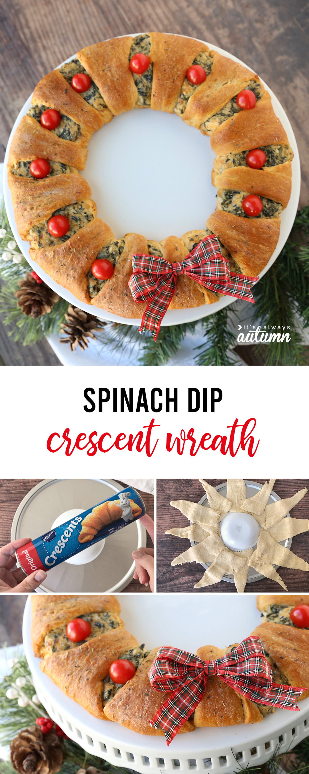 Spinach dip crescent wreath is a gorgeous holiday appetizer - perfect for Christmas parties!