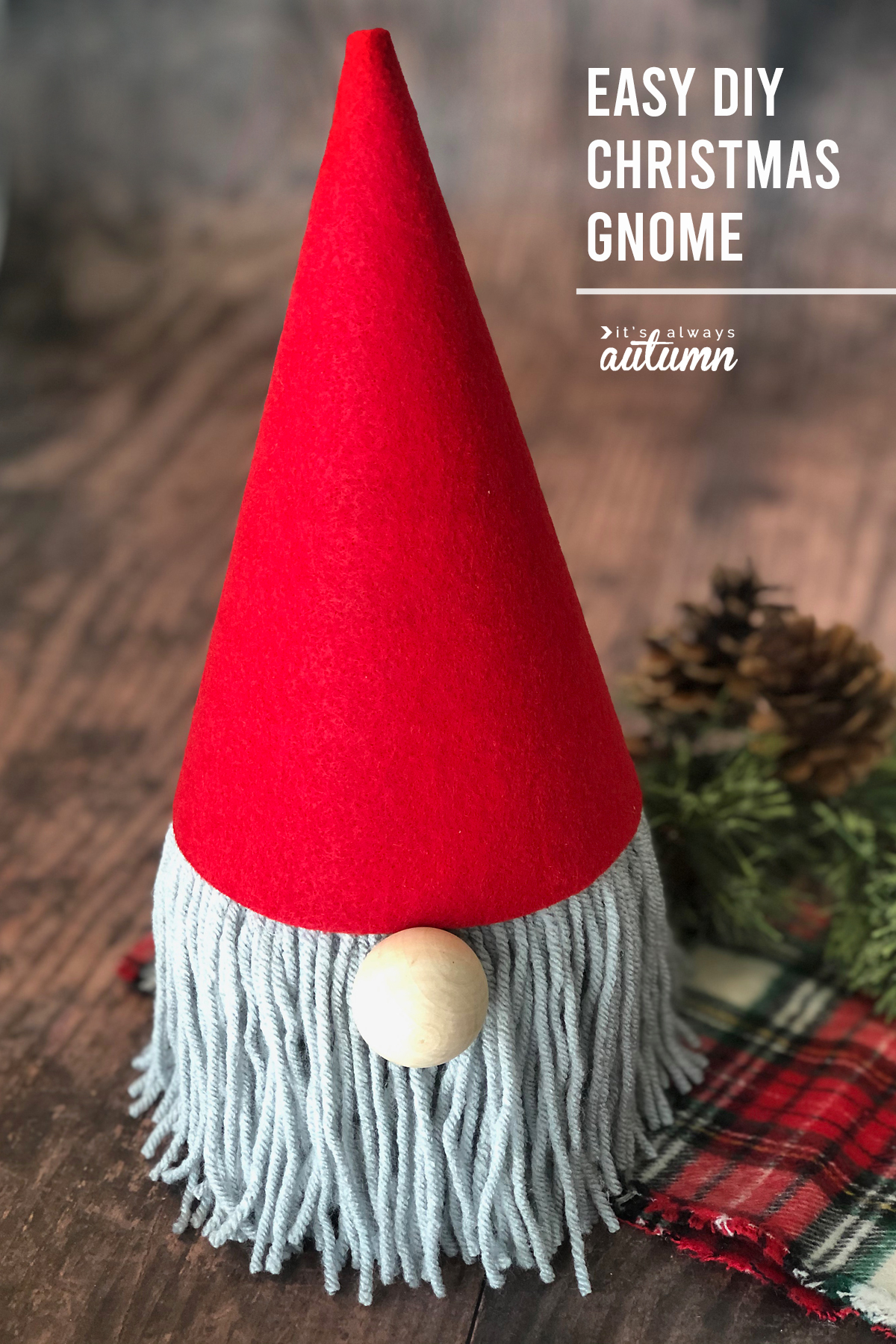 Christmas gnome made from toilet paper roll with yarn beard and red felt hat