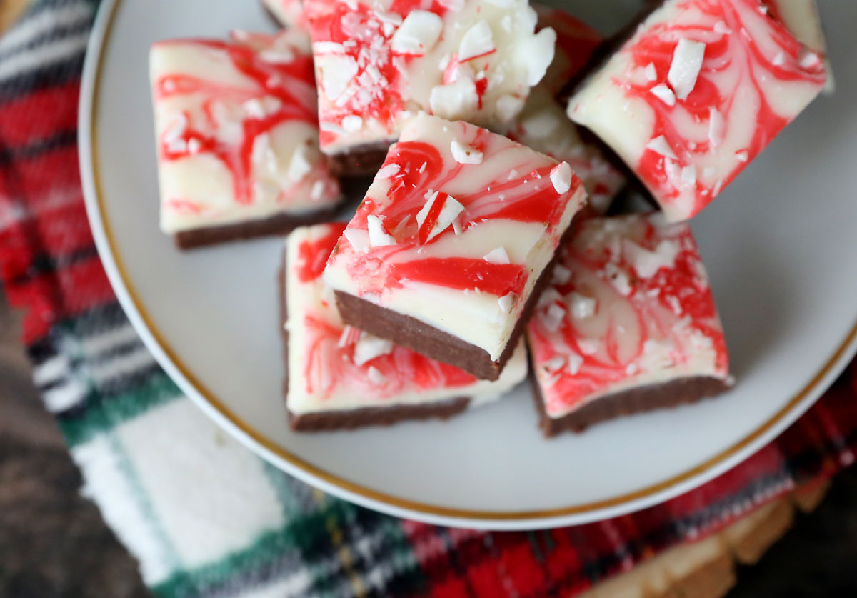 Pieces of peppermint bark fudge on a plate