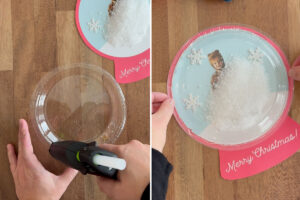 Using hot glue to attach plate to snowglobe.