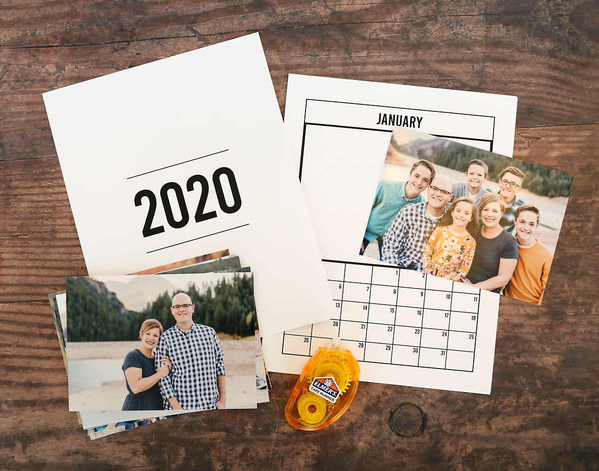 Printable 2020 photo calendar pages with photos and adhesive runner