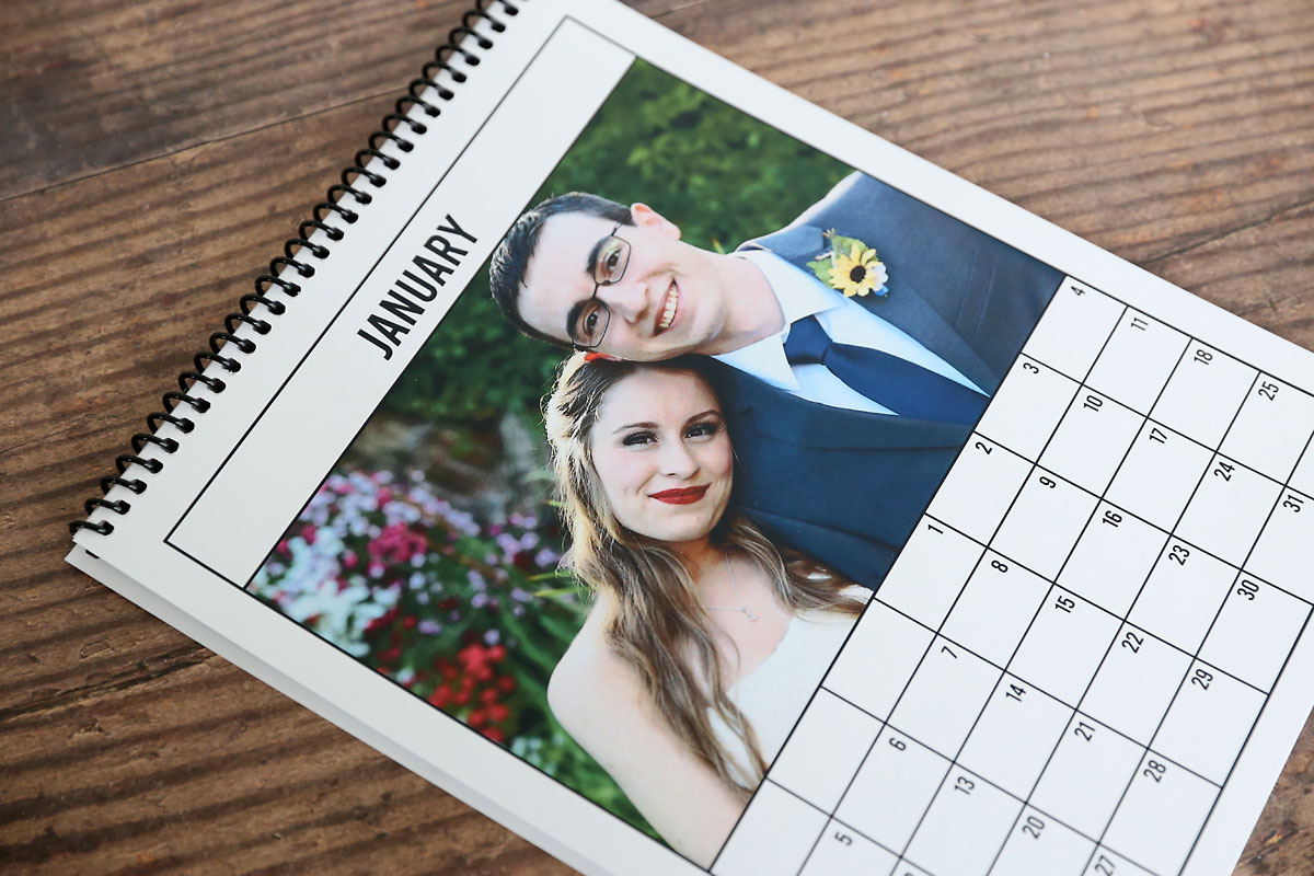 Printable photo calendar bound at the top