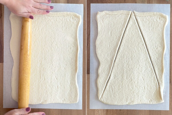 Rolling dough into rectangle, cutting large triangle.