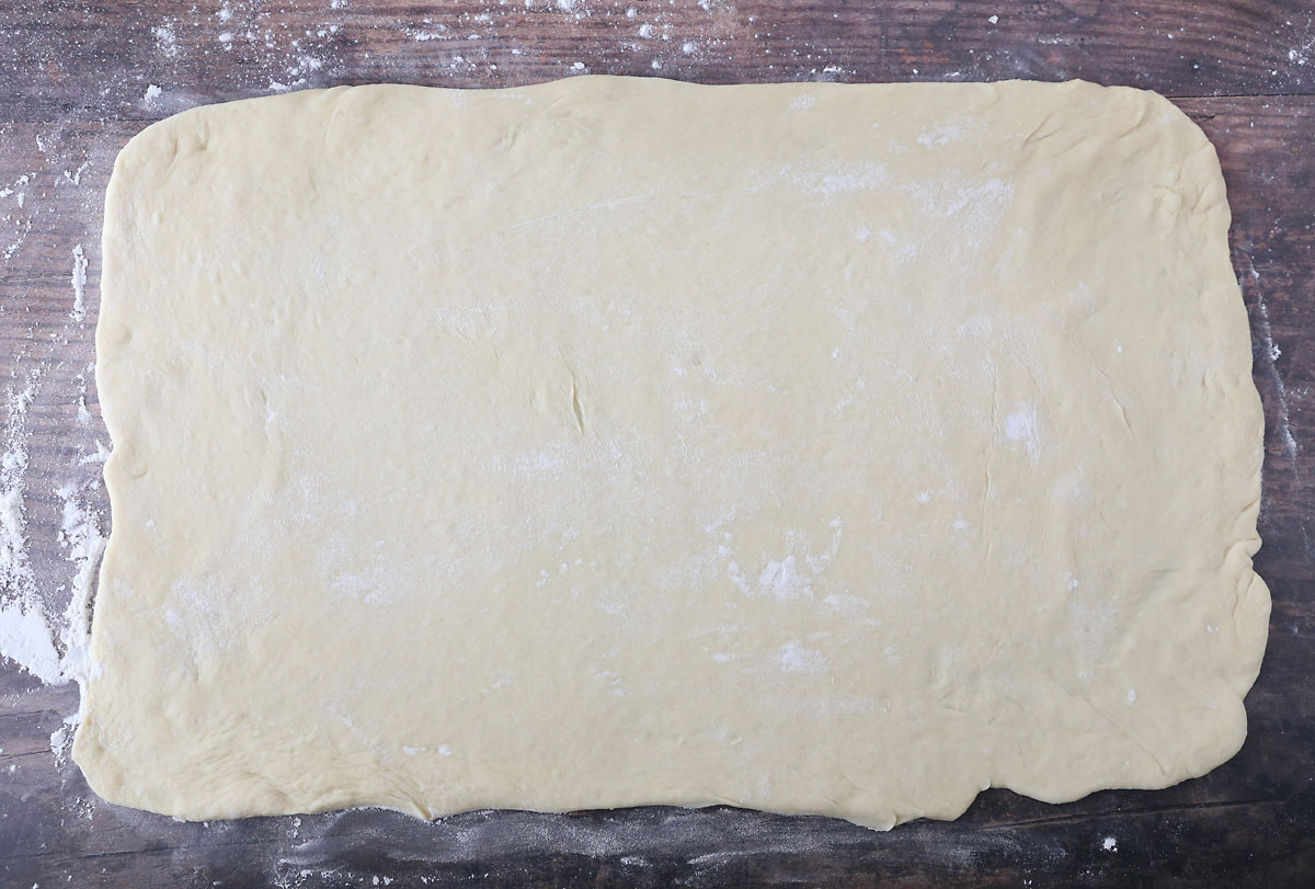 Dough rolled to 14x20 inch rectangle