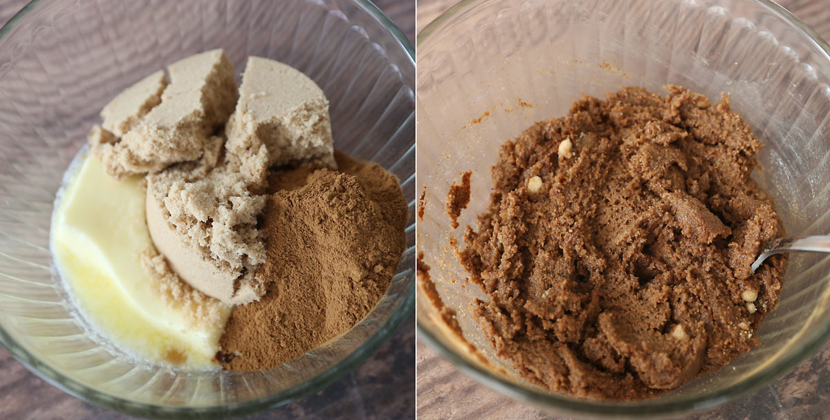 Butter, brown sugar, and cinnamon combined for cinnamon roll filling