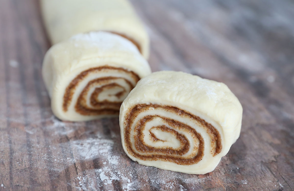 Sliced cinnamon roll dough