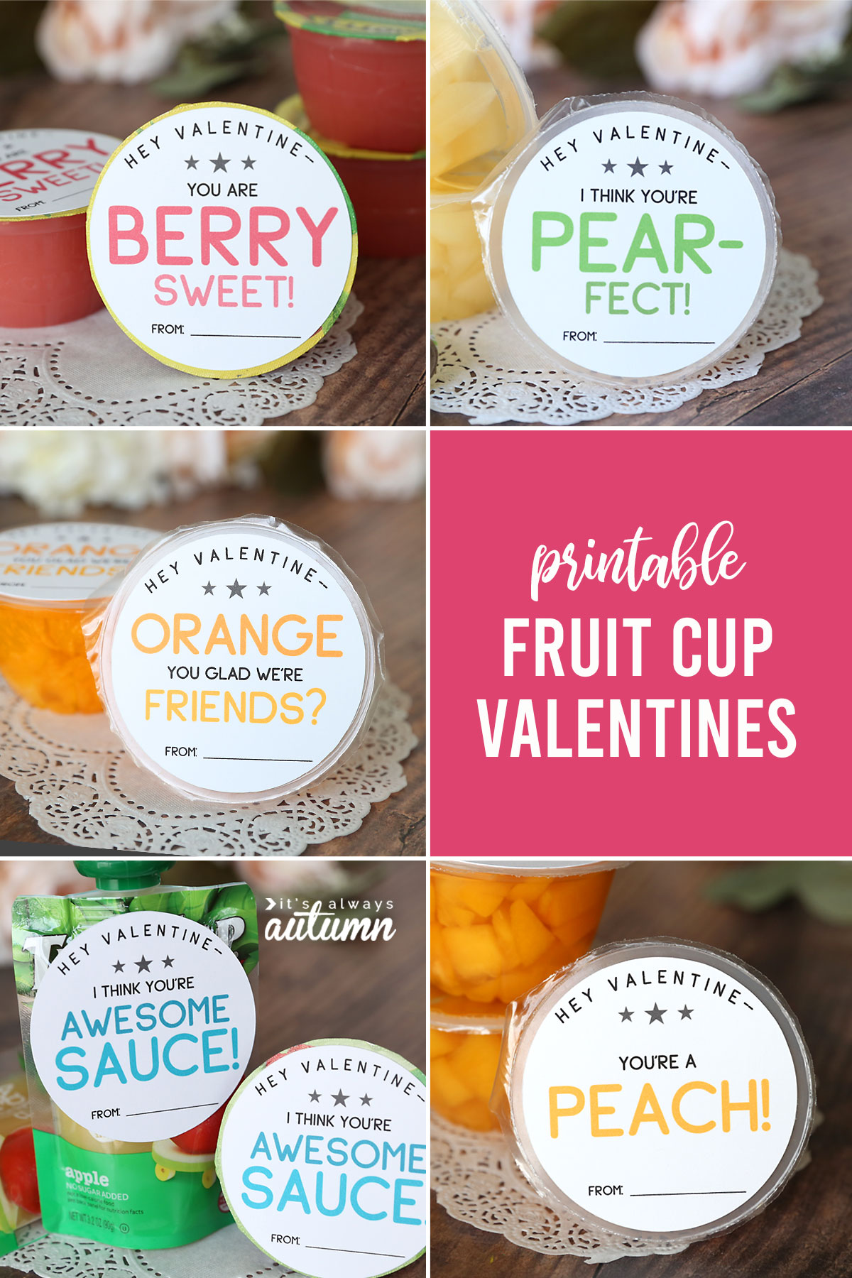 Cute printable fruit cup Valentines are a healthy Valentine option for kids.