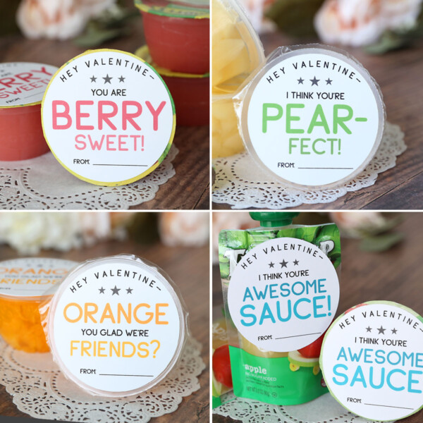 Collage photo of fruit cups with Valentine's day tags