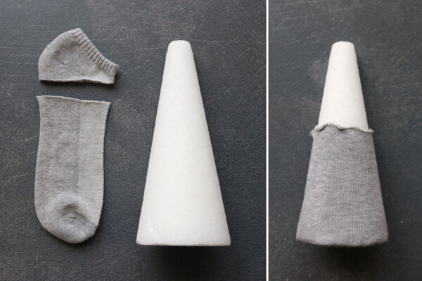 How to make a sock gnome: cut plain sock and place over bottom of foam cone