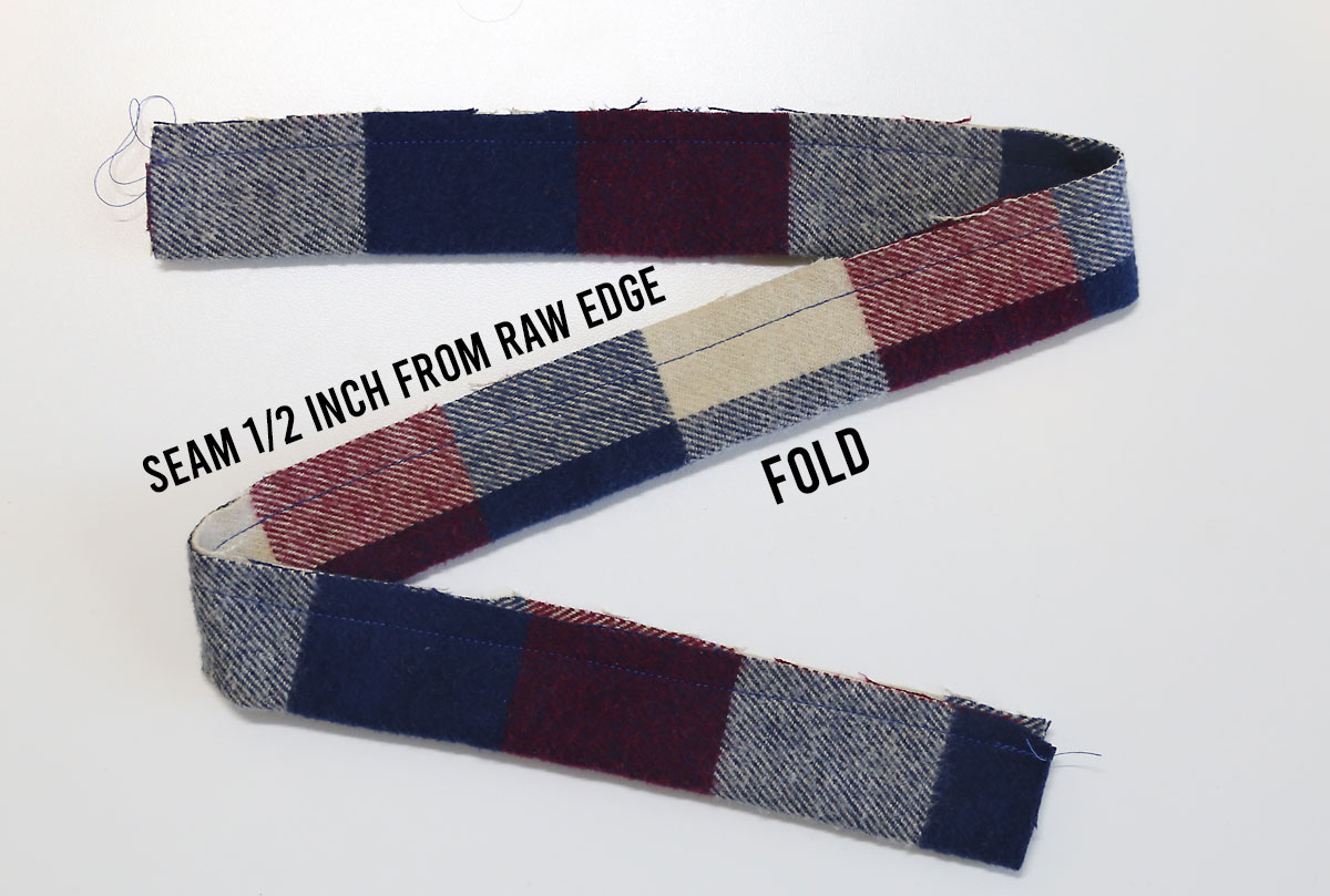 Long strip of fabric folded in half lengthwise and sewn together 1/2 inch from the raw edge