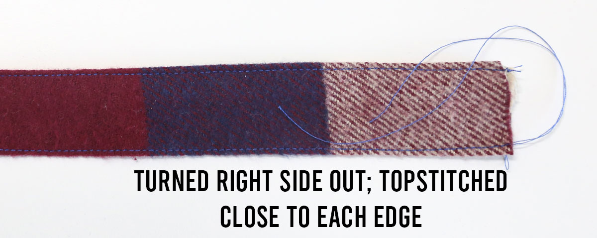 Strap turned right side out; topstitched close to each long edge 