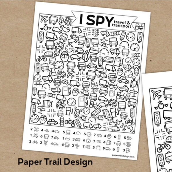 I Spy coloring page for road trip.