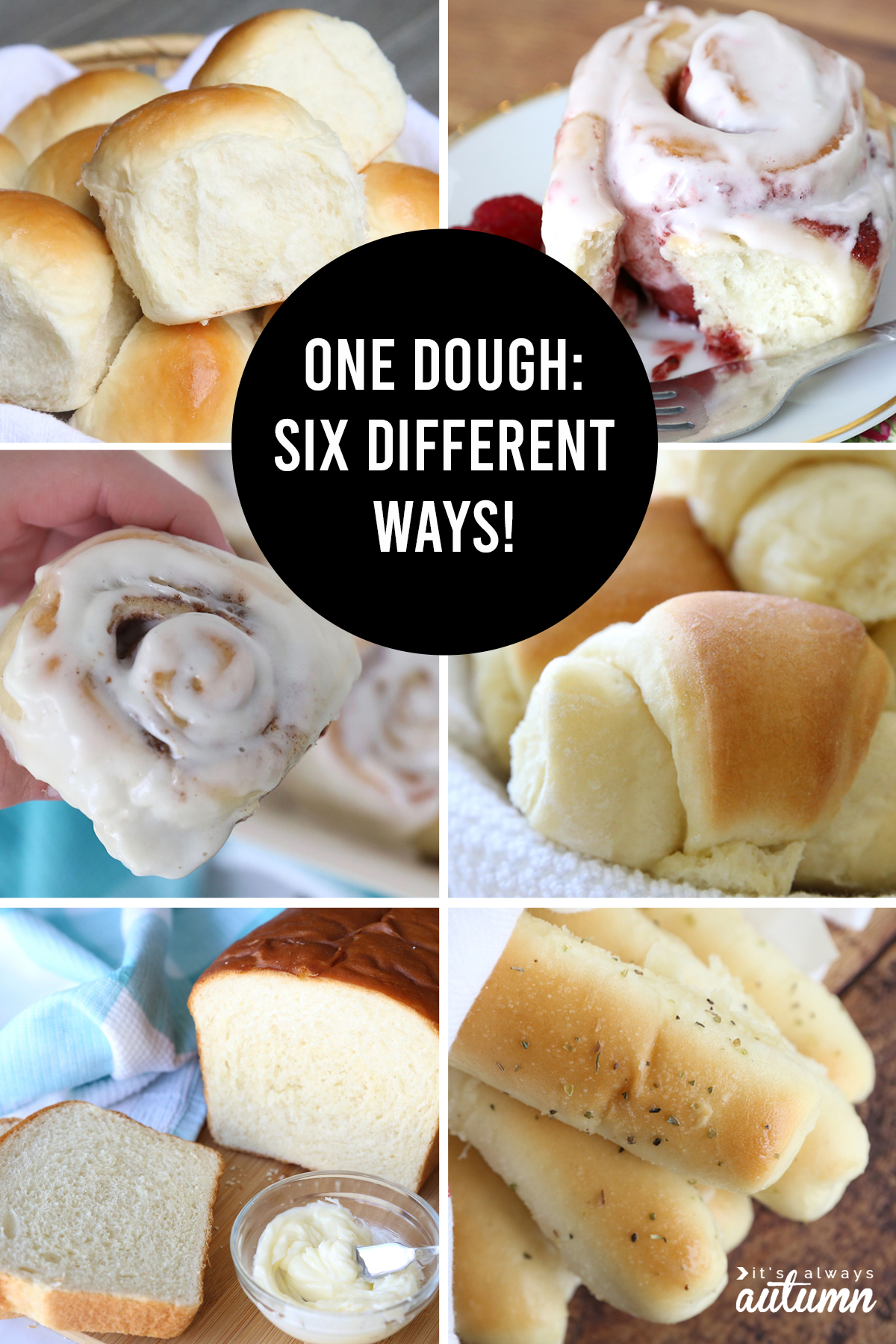 You can use this one basic bread dough to make six different things: dinner rolls, garlic breadsticks, cinnamon rolls, raspberry rolls, and more!