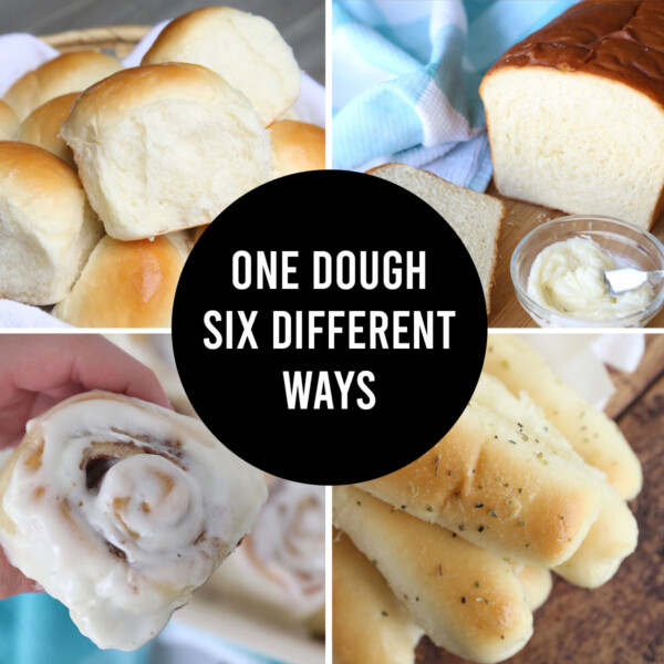 You can use this one basic bread dough to make six different things: dinner rolls, garlic breadsticks, cinnamon rolls, raspberry rolls, and more!