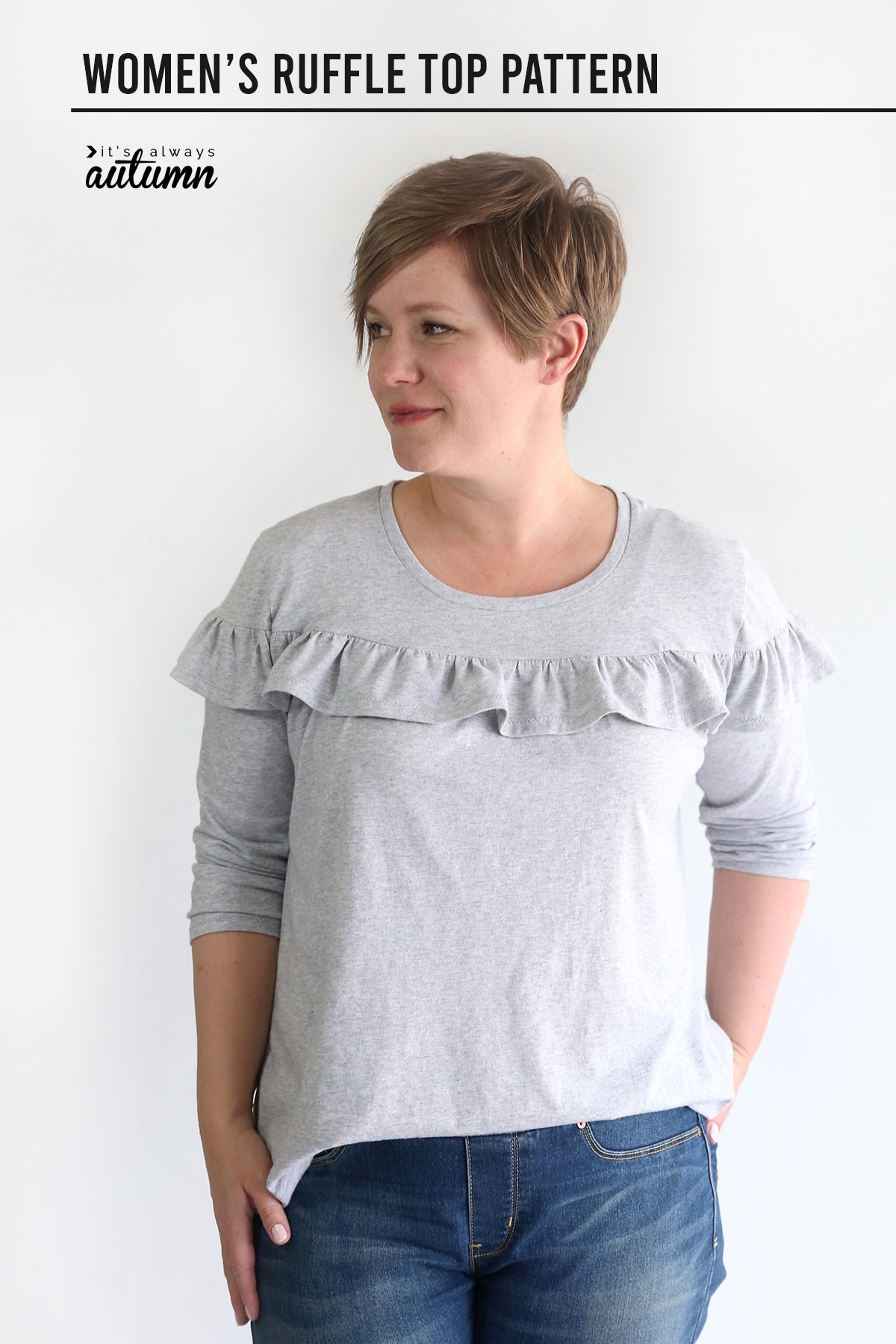 A woman wearing a t-shirt with a ruffle across the front