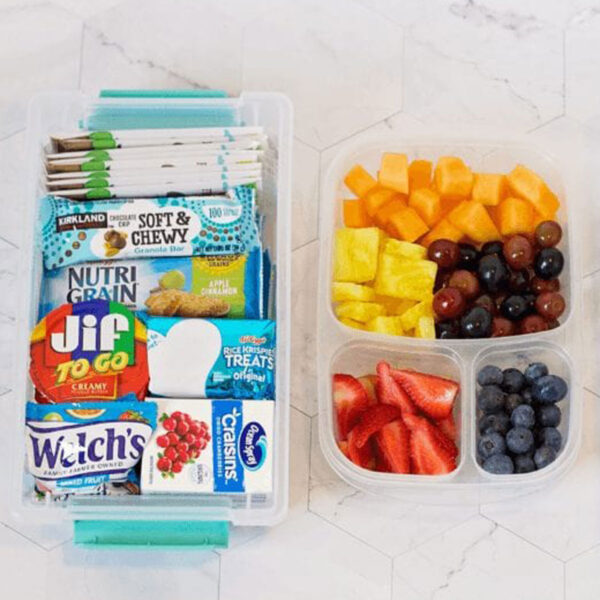 Snacks in small plastic bins.