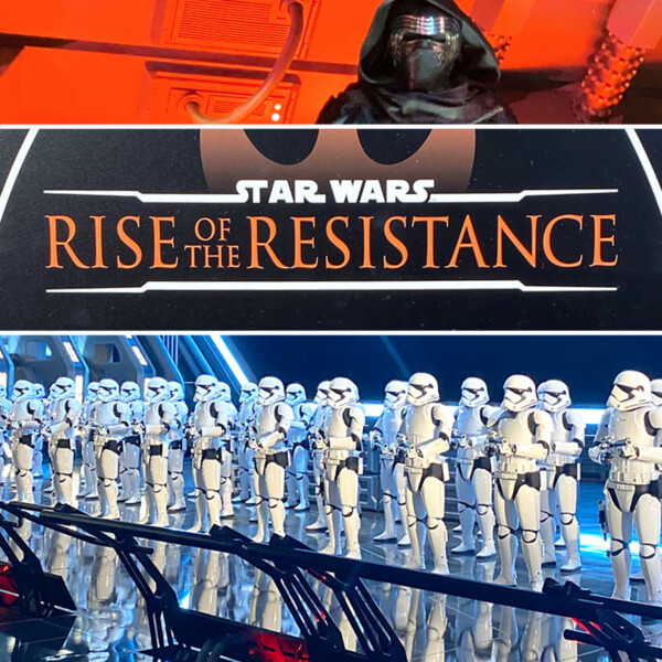 A group of Star Wars storm troopers standing in a room with words: Star Wars Rise of the Resistance