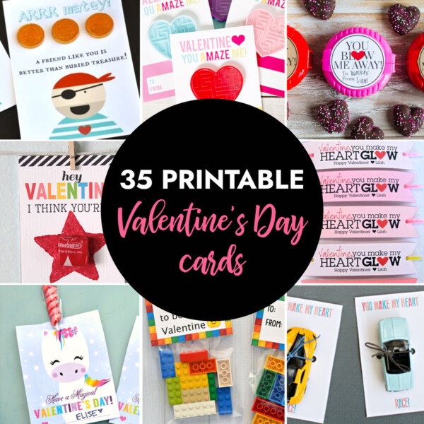 Collage of 35 printable valentine's day cards.