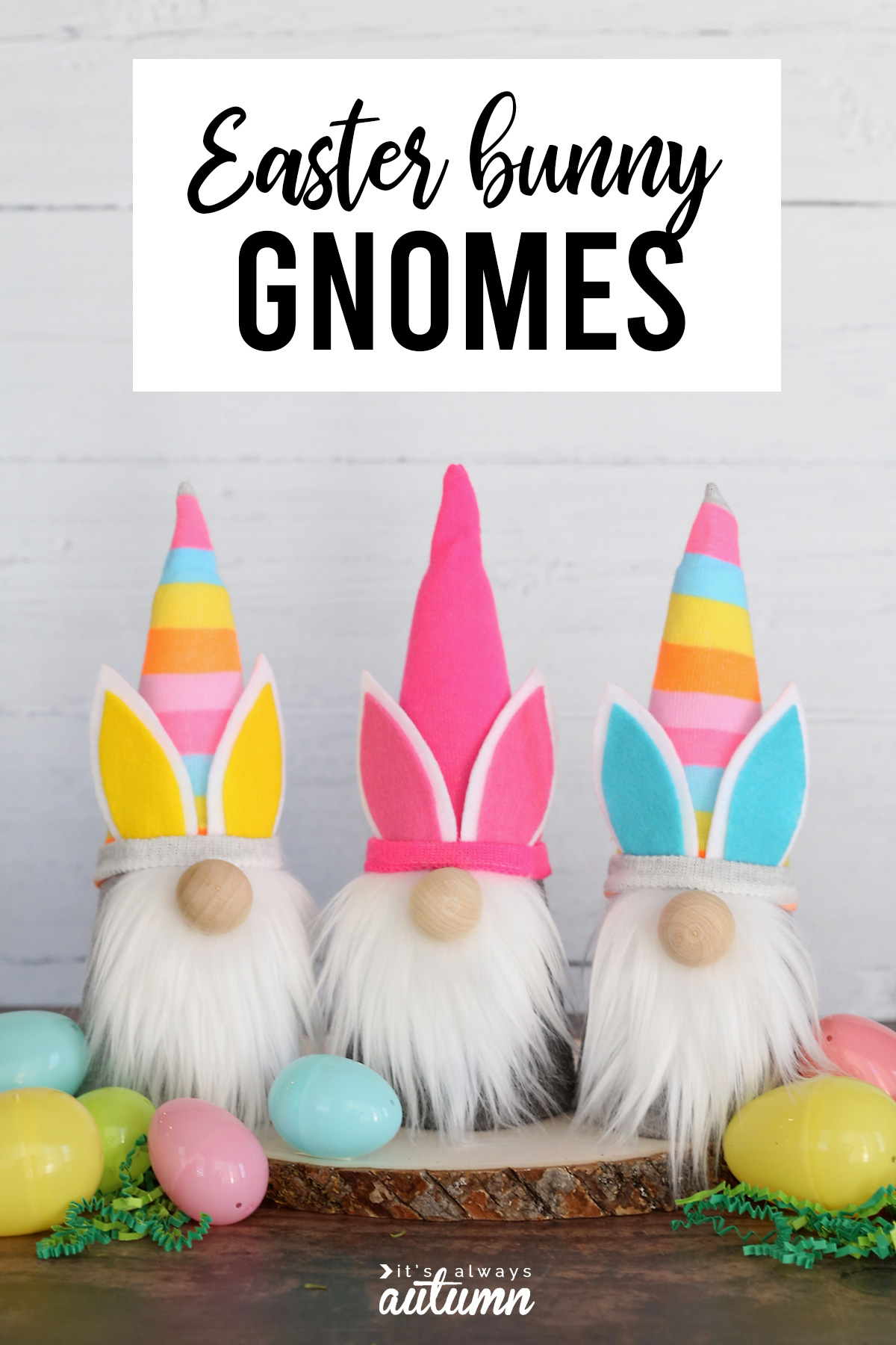 DIY sock gnomes with Easter bunny ears and plastic Easter eggs with words: Easter bunny gnomes
