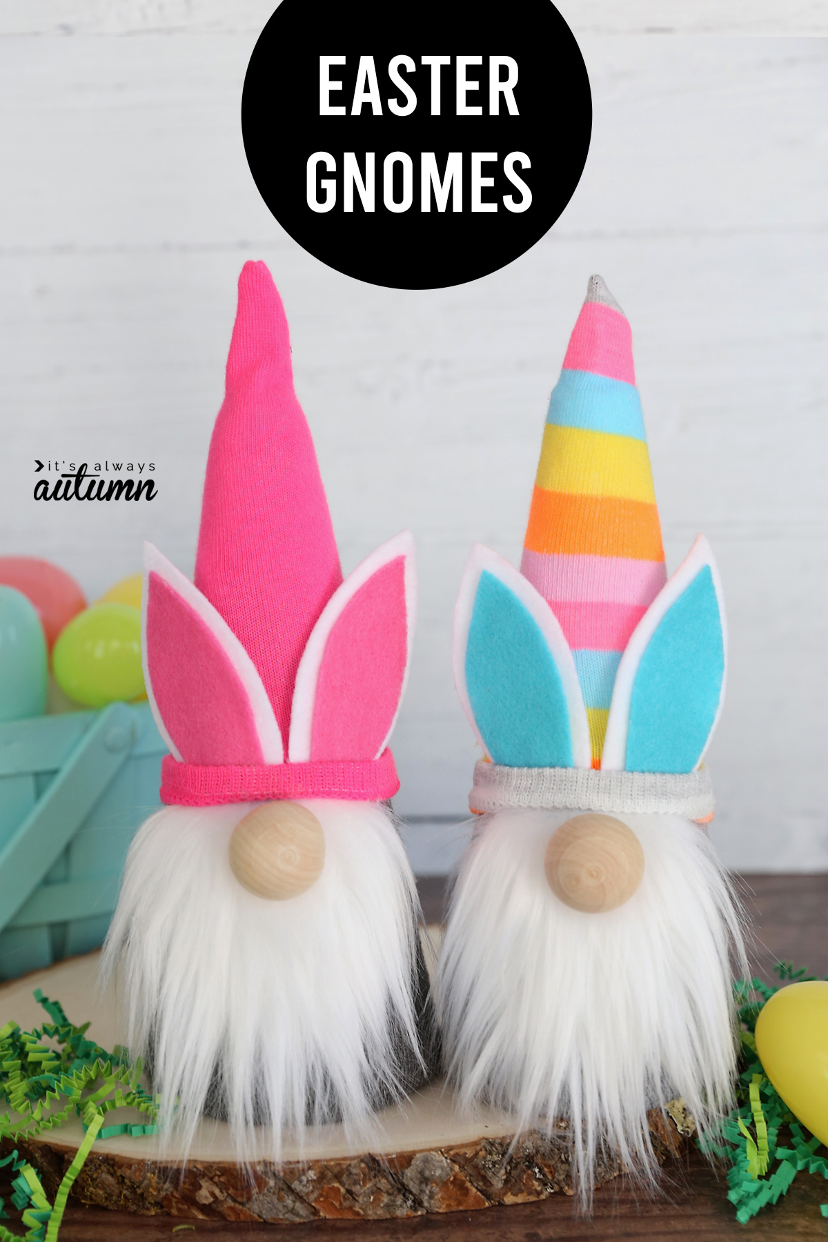 Two sock gnomes with Easter bunny ears and words: Easter gnomes