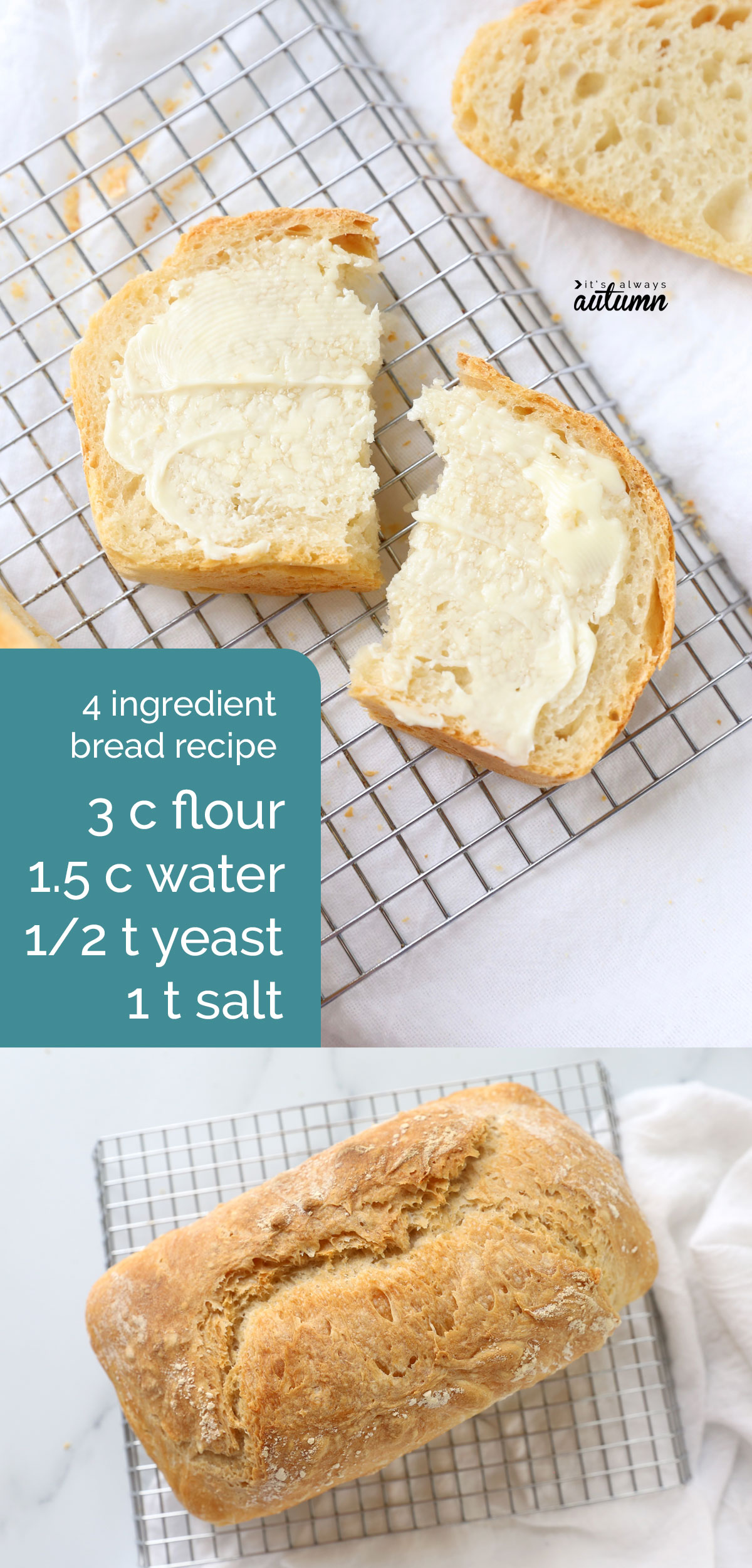 This easy bread recipe only require flour, salt, yeast, and water! All you have to do is stir, rise, and bake.