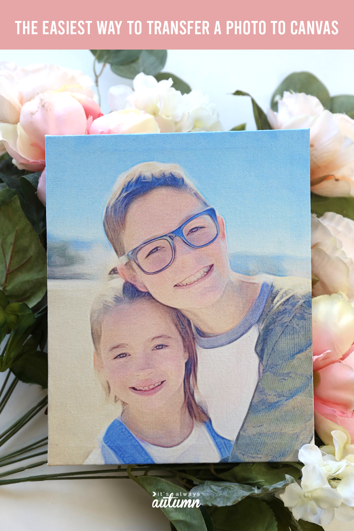 A painting of a boy and a girl on a canvas with flowers 