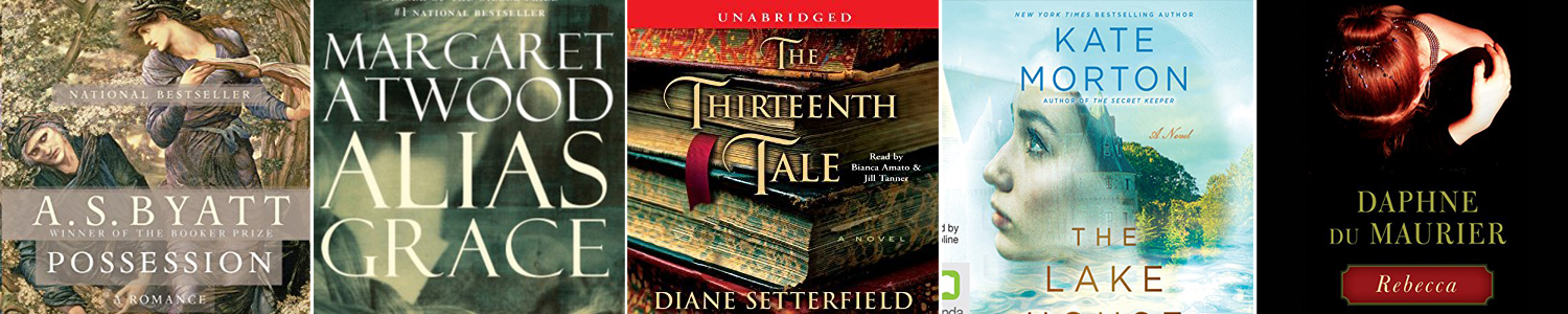 Book cover for the book The Thirteenth Tale with drawing of a stack of books