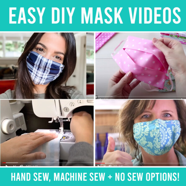 Collage photo of handmade fabric face masks and words: easy DIY mask videos