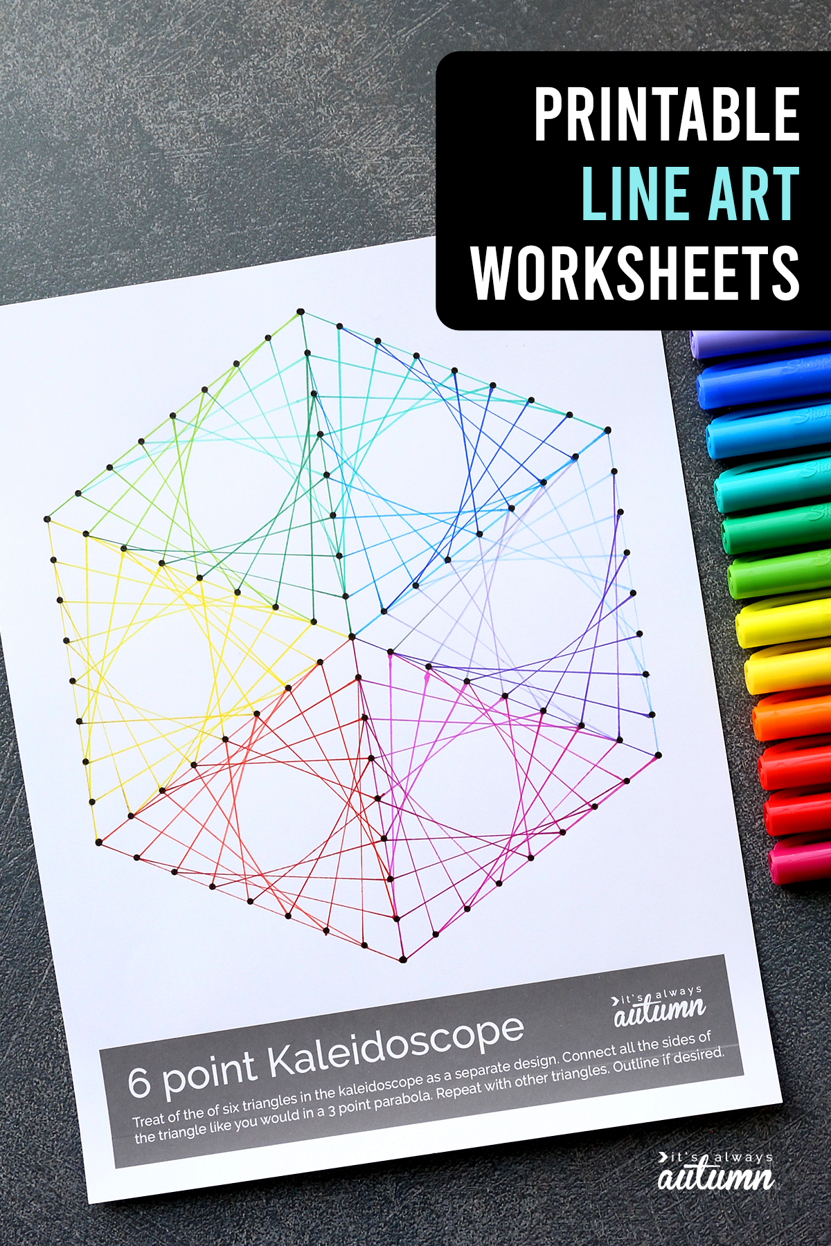 Printable line art worksheet completed with colored pens 