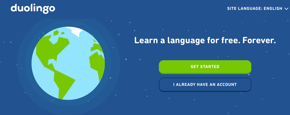 Illustration of a globe on a blue background; \"learn a language\" Duolingo
