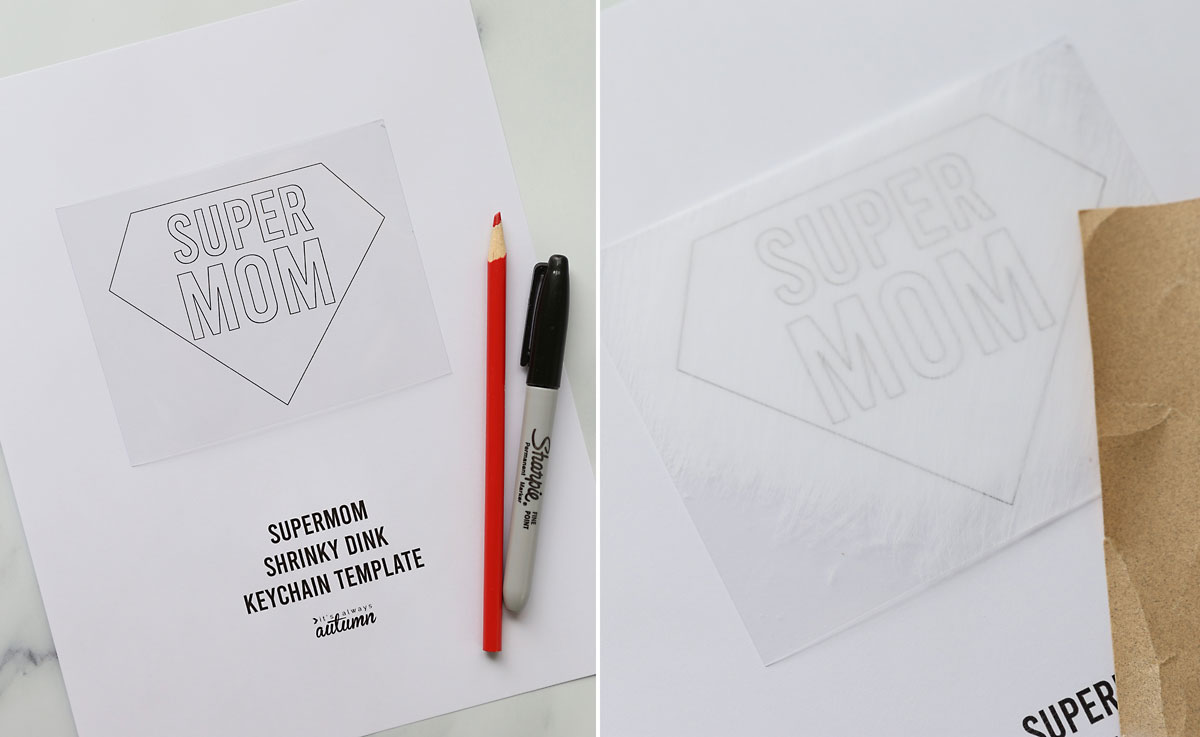 Printable supermom shrinky dink keychain template with a red colored pencil and black Sharpie