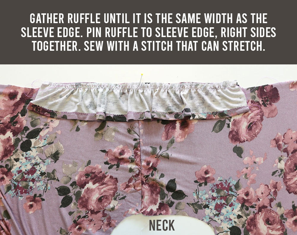 Flutter sleeve tee pattern: gather ruffle until it is the same width as the sleeve edge