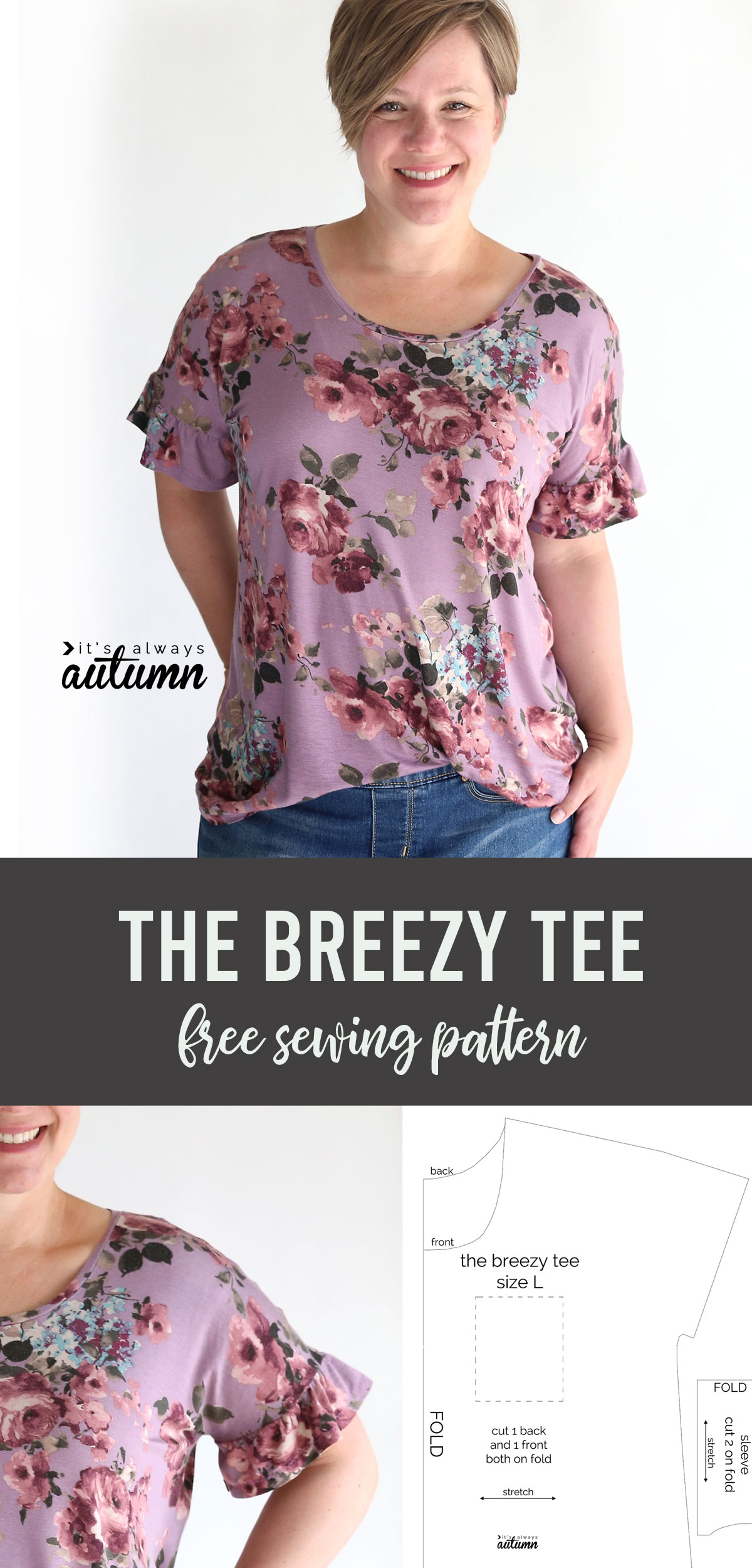 The breezy tee sewing pattern is roomy and comfortable for summer, and a flutter sleeve makes it even cuter