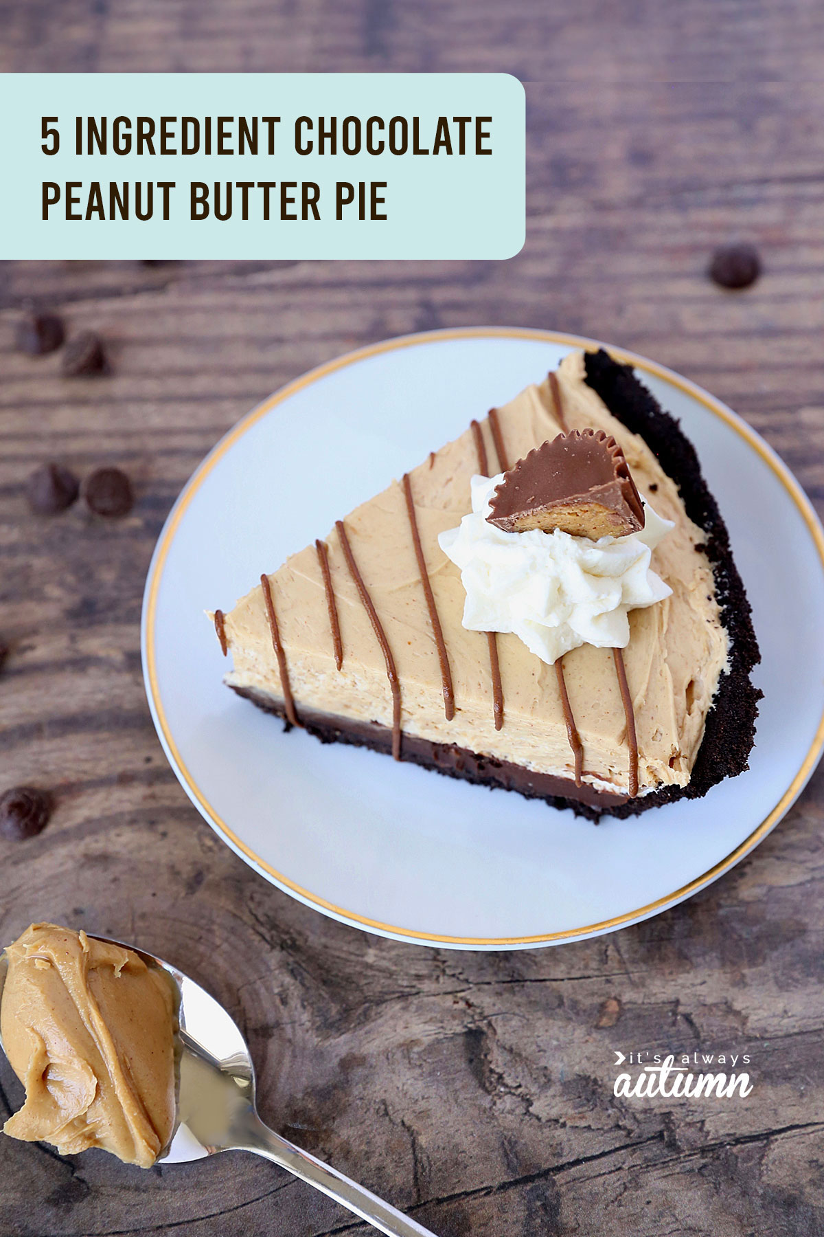 This easy chocolate peanut butter pie only takes 5 ingredients and 15 minutes to make!