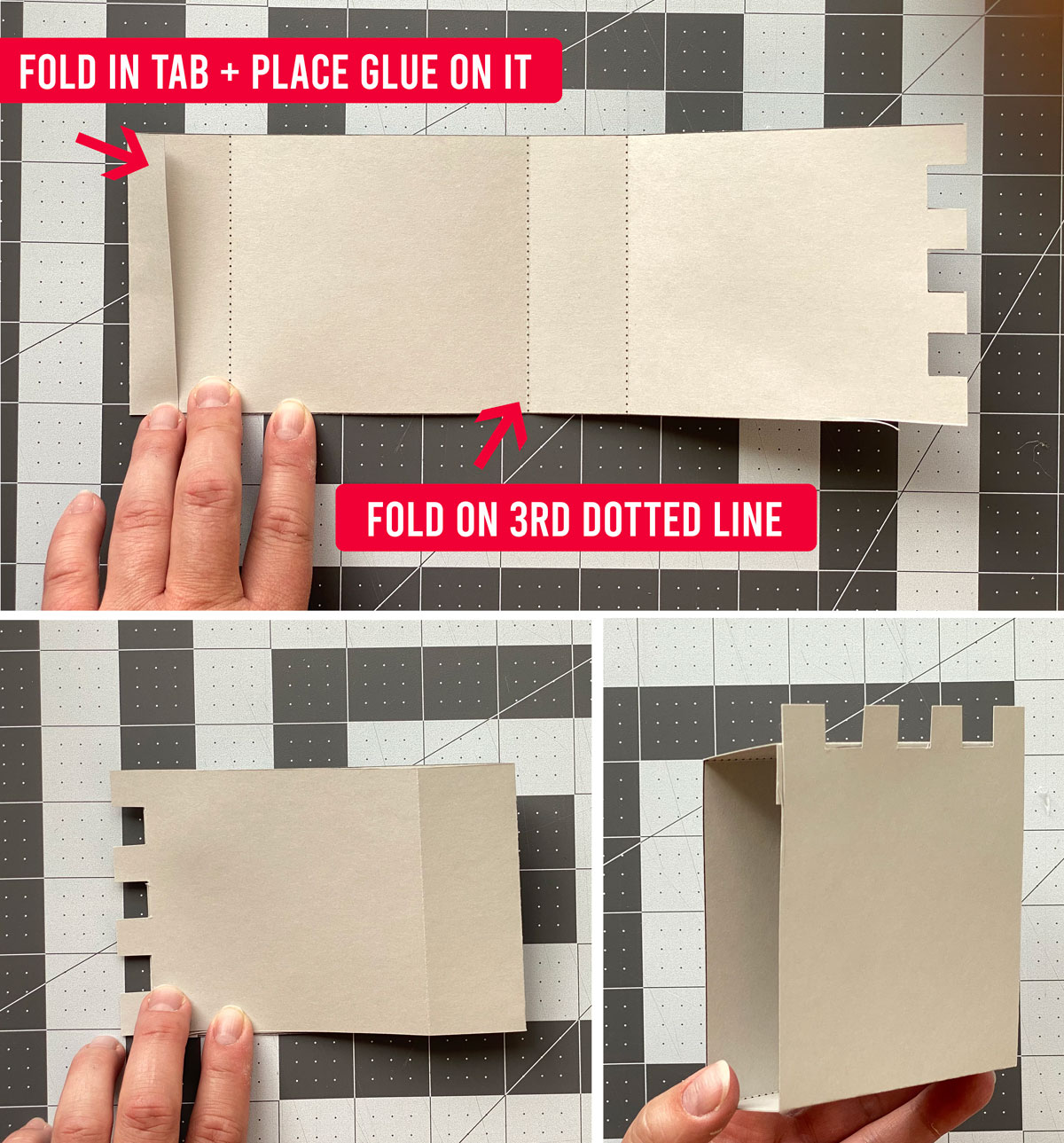Paper castle template: fold on the dotted lines