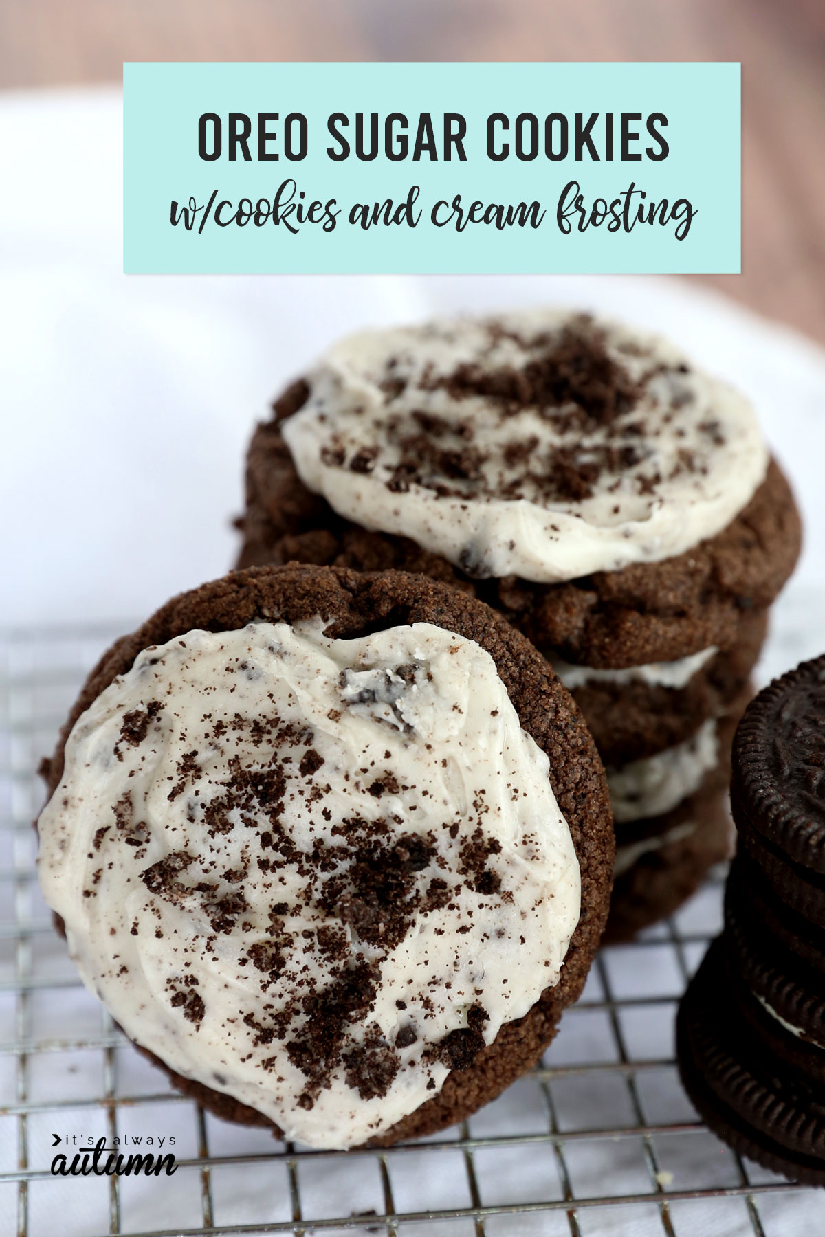 A stack of Oreo sugar cookies with cream cheese frosting