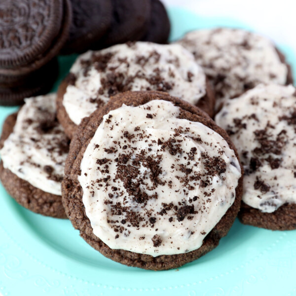 Oreo Sugar cookies with cream cheese frosting on a plate