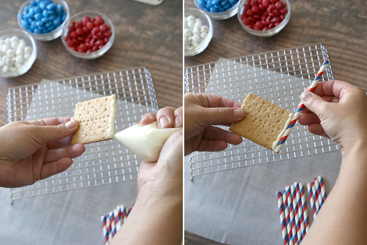 Graham cracker flags: melted white chocolate "glues" the graham cracker to the straw