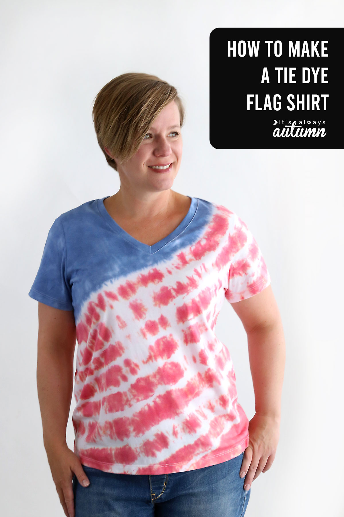 Red white and blue flag inspired tie dye shirt with sunglasses and flip flops
