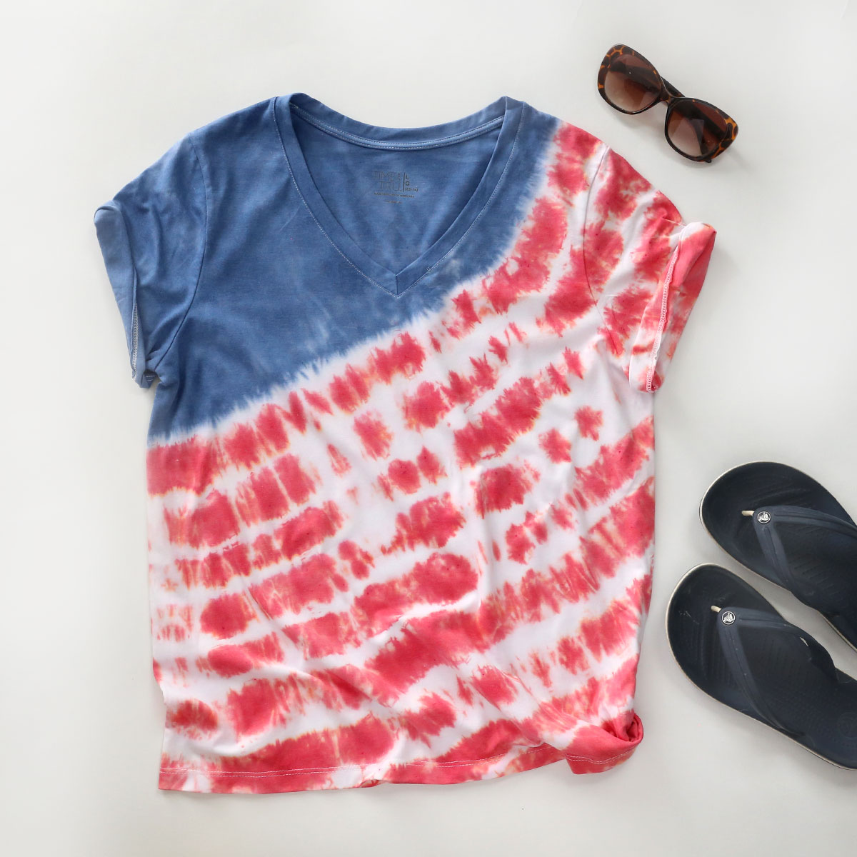 Red white and blue tie dye shirt for the Fourth of July