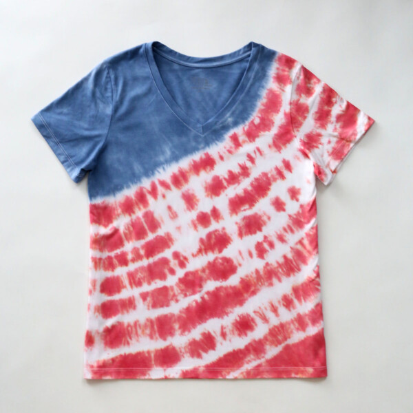 A t-shirt tie dyed to looks like the American flag