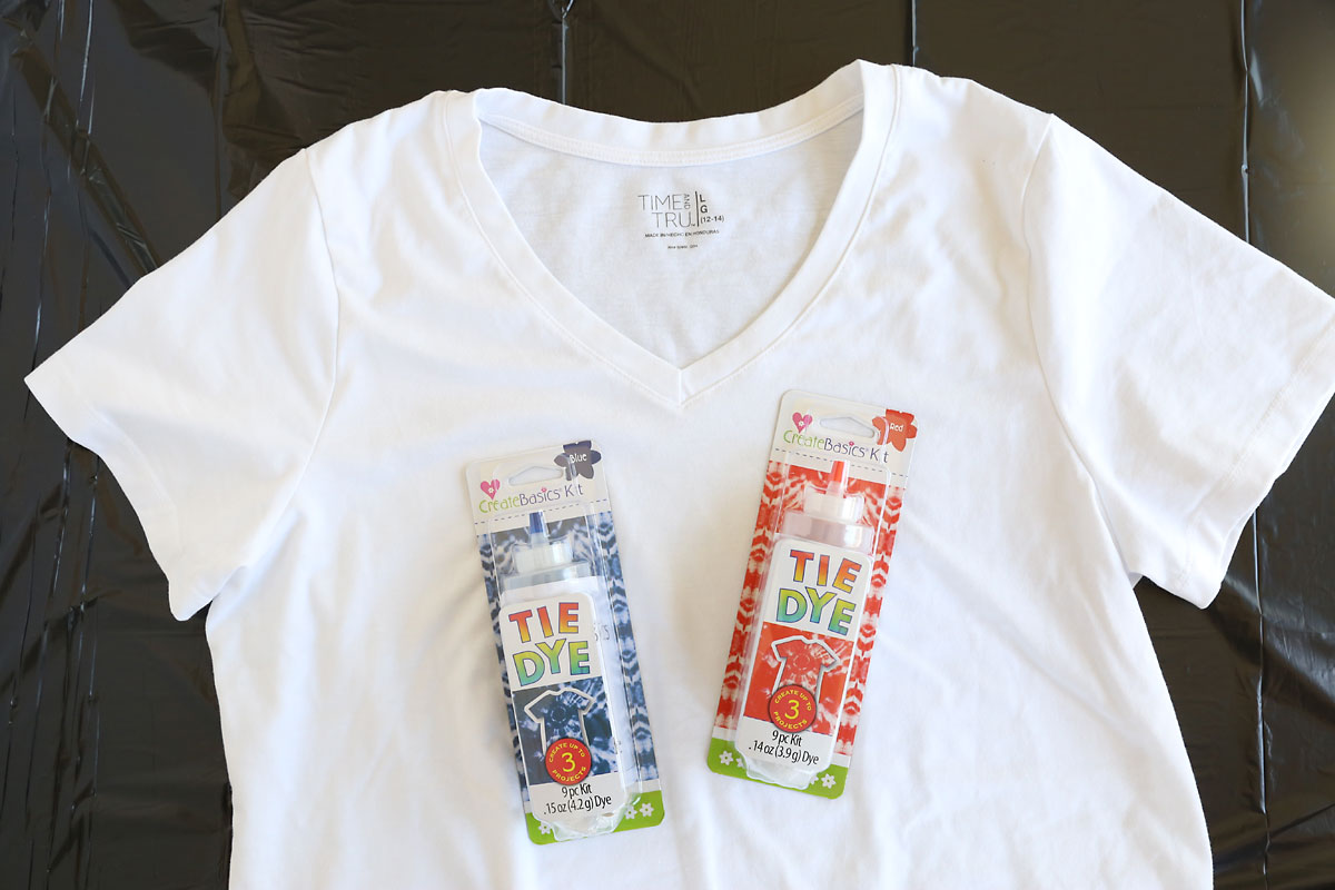 White t-shirt with red and blue tie dye