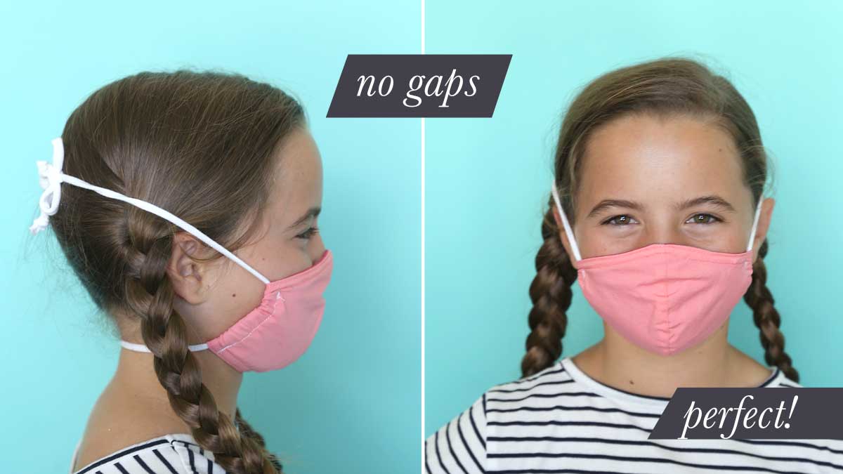 Girl wearing fabric face mask with ties behind the head that fits perfectly
