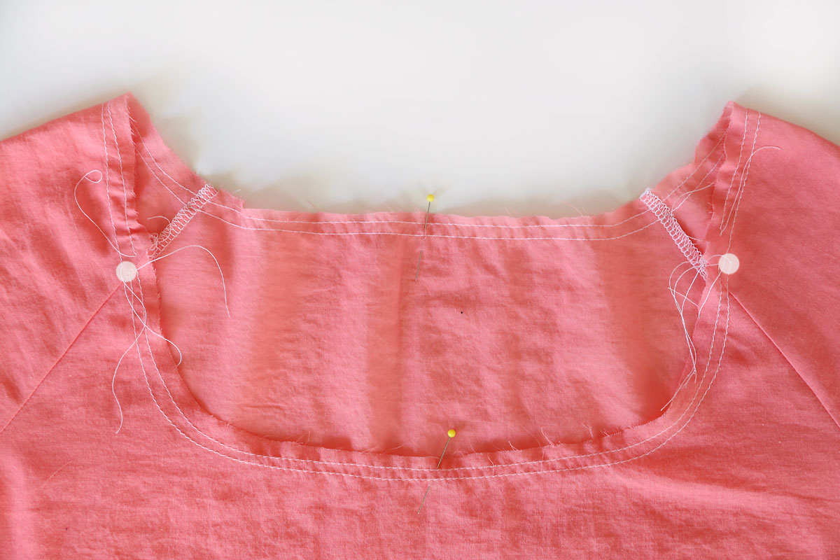 Gathered blouse: sew gathering stitches around the neckline