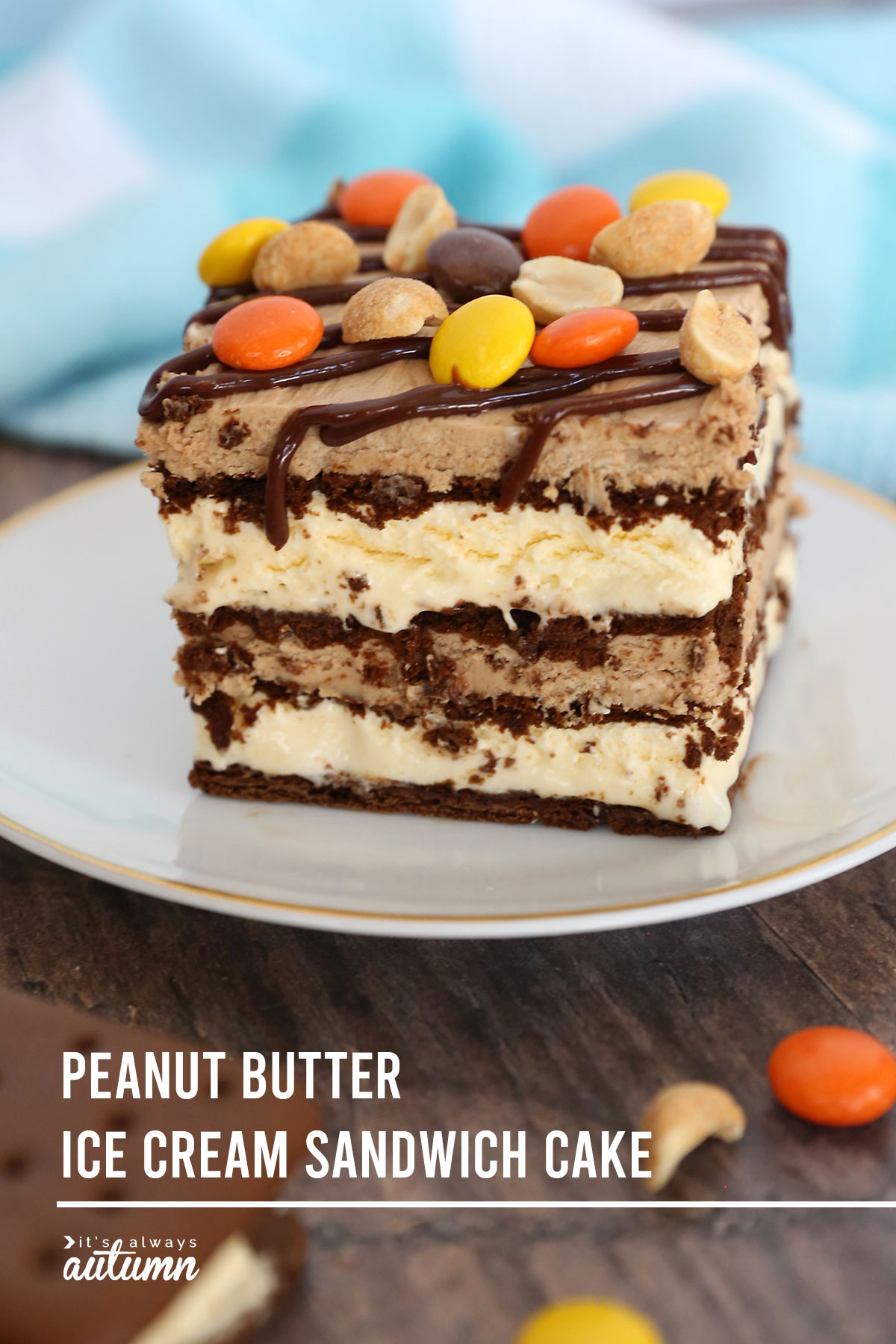 A piece of peanut butter ice cream cake on a plate, with nuts and Reeses pieces on top