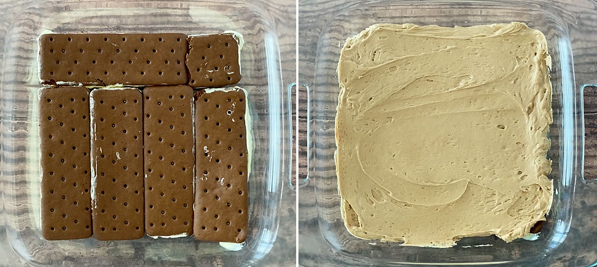 Layer ice cream sandwiches and peanut butter whipped cream to make peanut butter ice cream sandwich cake.