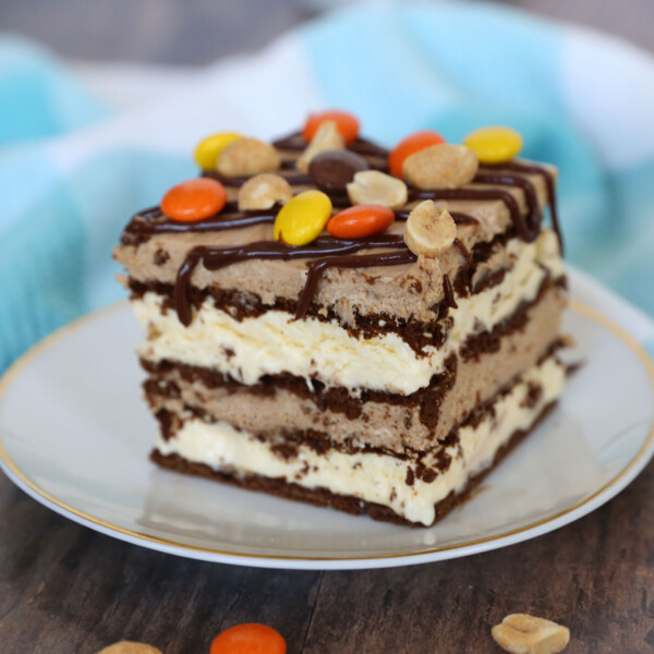 A piece of peanut butter ice cream cake on a plate, with nuts and Reeses pieces on top