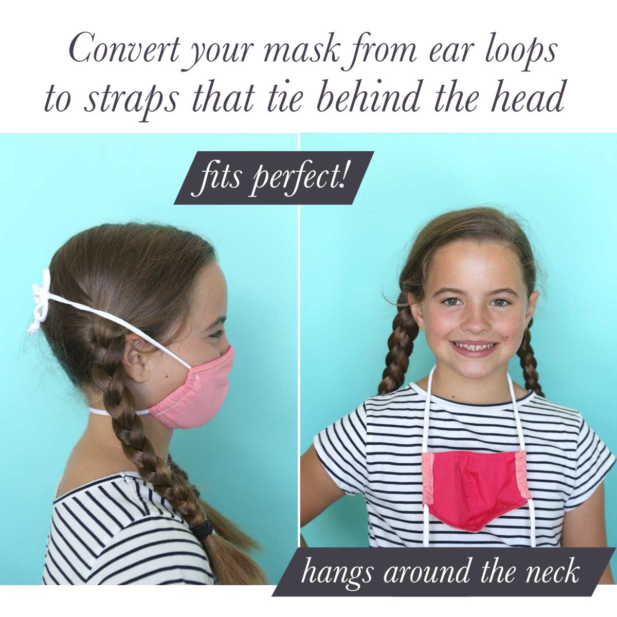A girl wearing a facemask with ties that go behind the head