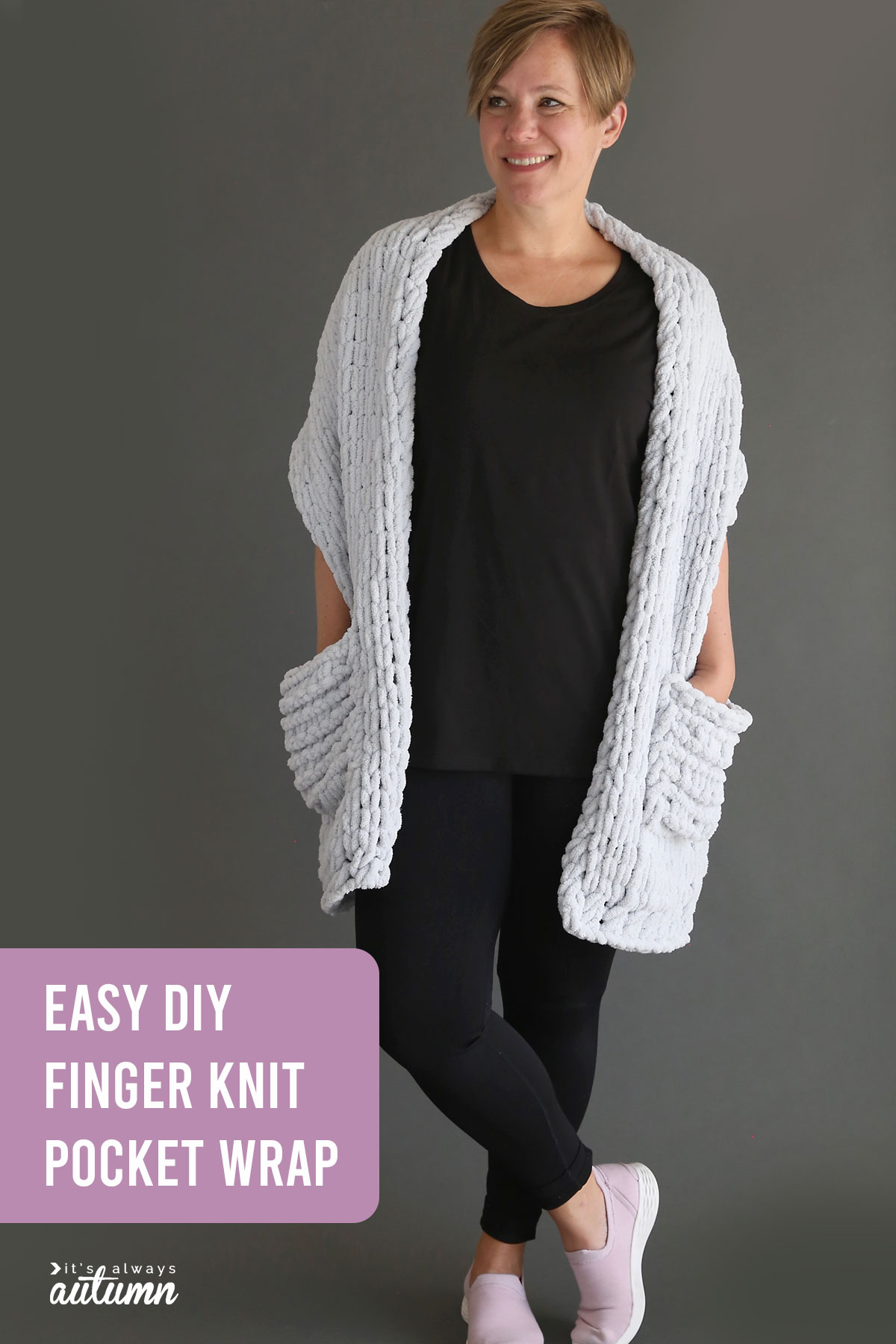 Easy DIY finger knit wrap with pockets