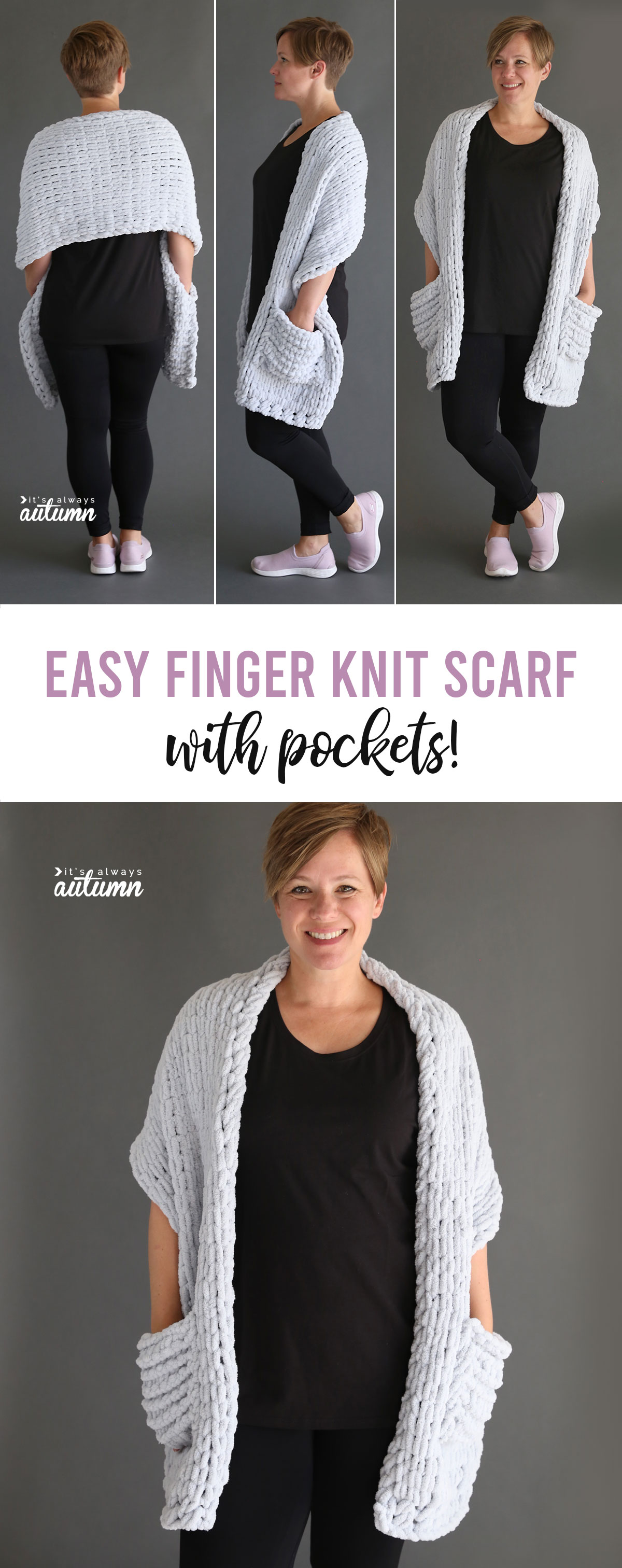 This easy finger knit scarf looks like a cardigan from the front and a wrap from the back and it's super simple to make using loop yarn.